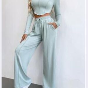 SHEIN Light Sage Wide-Leg Drawstring Track Pants
